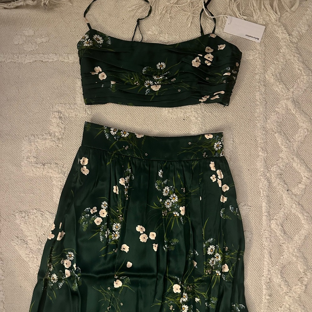 Reformation Green Embellished 2 Peice Skirt Set